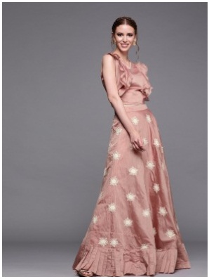 Pink & White Embroidered Chanderi Cotton Lehenga